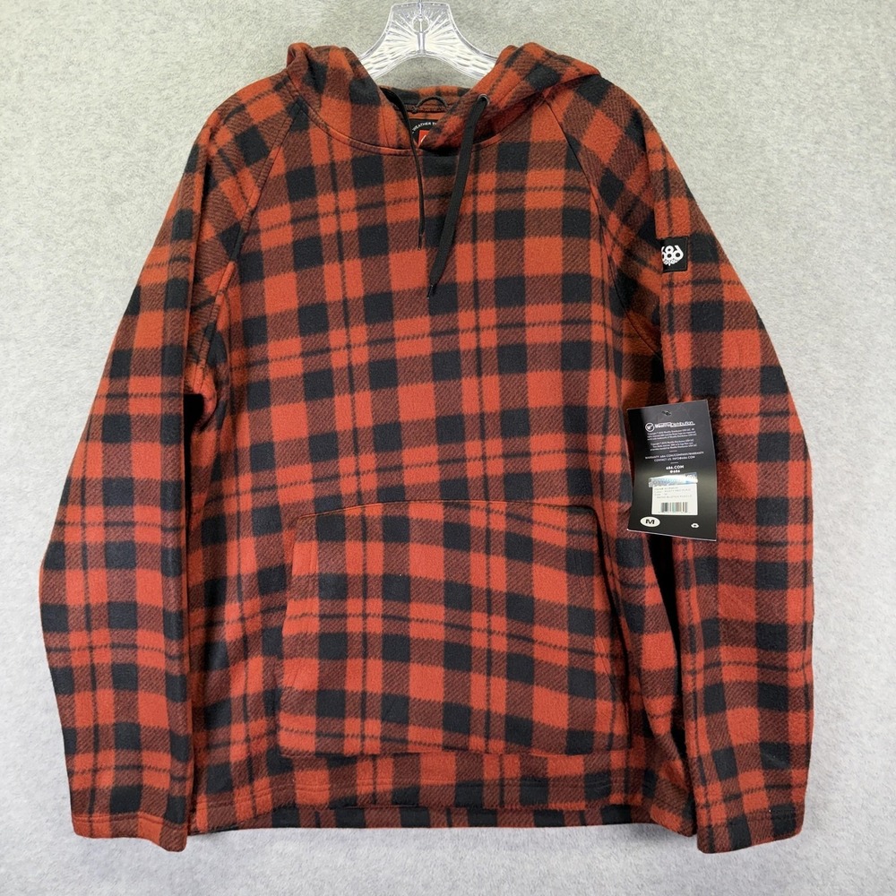 686 Hoodie Mens Medium Red Rusty Red Plaid Bliztex Fleece Pullover Thermal